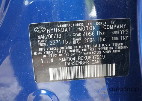 2019 Hyundai Elantra Sport из США, поврежденный, VIN KMHD04LB0KU887919